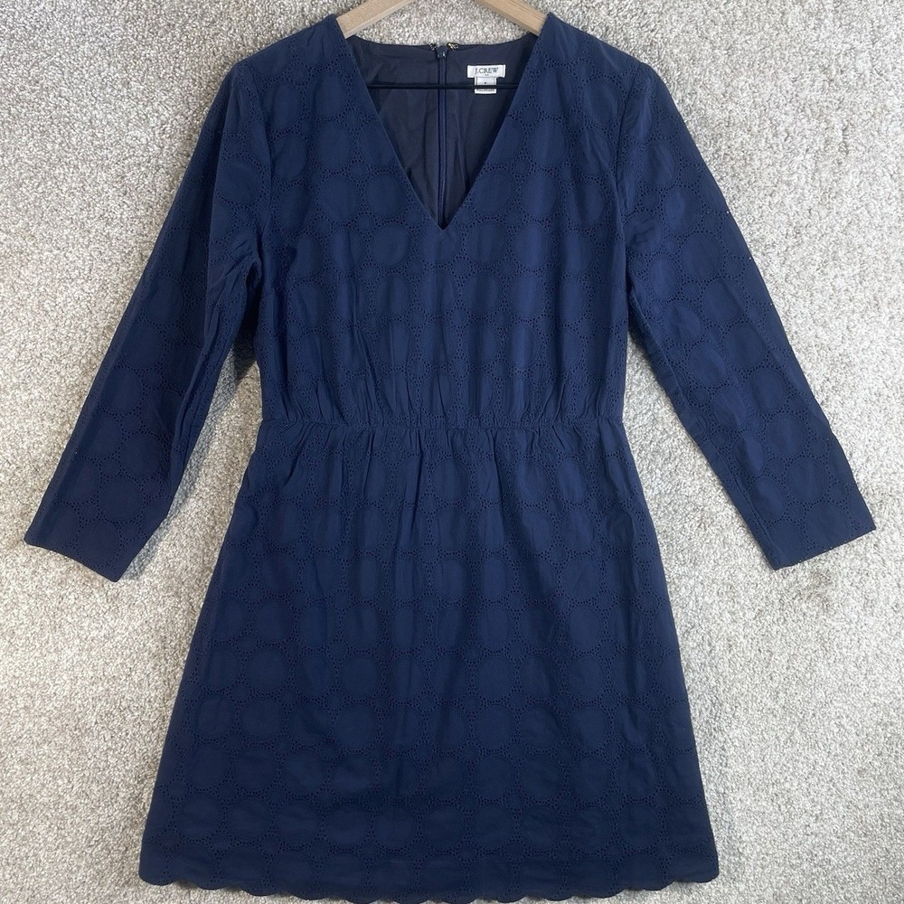 J.Crew Dress Womens 6 Navy Blue Eyelet Cotton V-Neck Long Sleeve H8471 - Picture 1 of 7